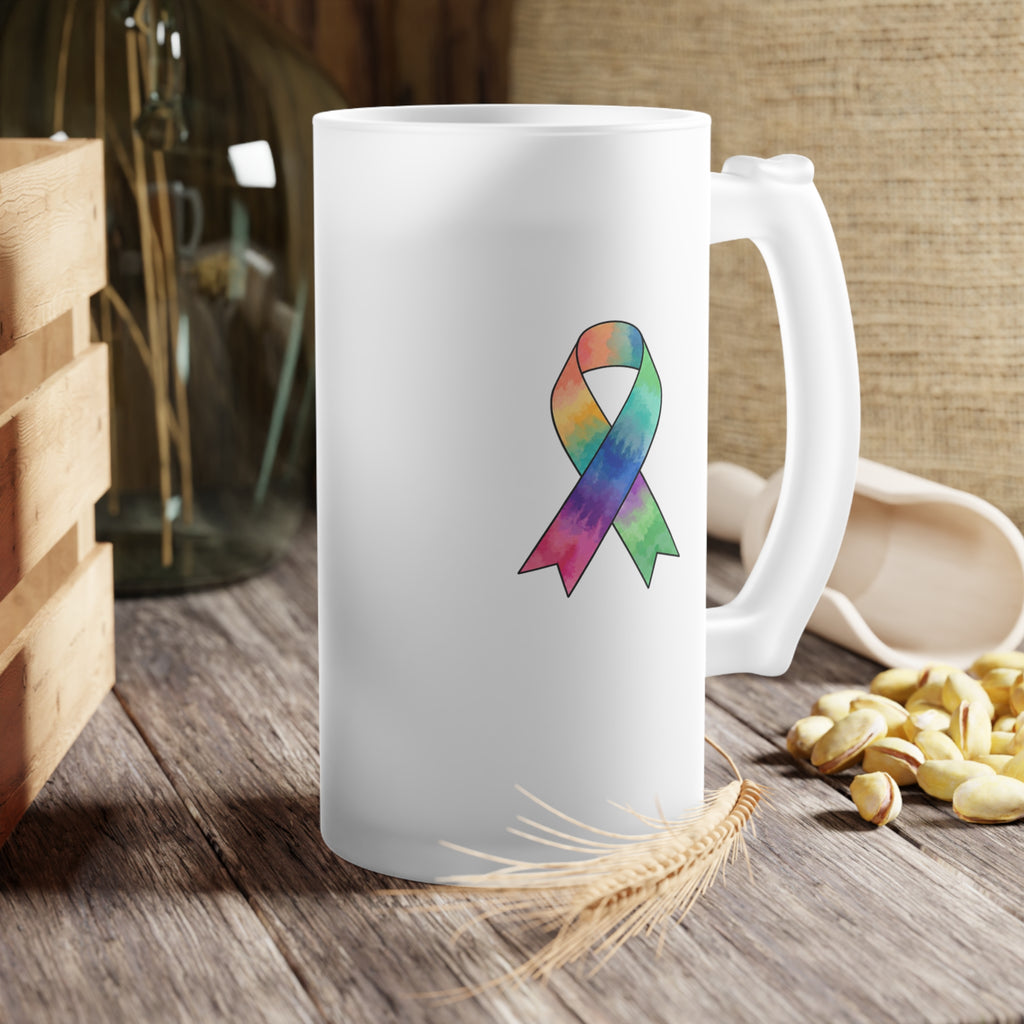 Frosted glass mug with a colorful ribbon displayed on a rustic table