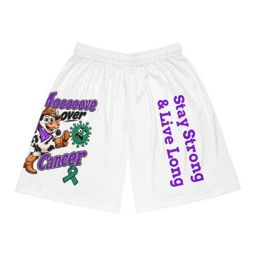 Moooove Over Cancer basketball shorts with green ribbon and Stay Strong & Live Long artwork