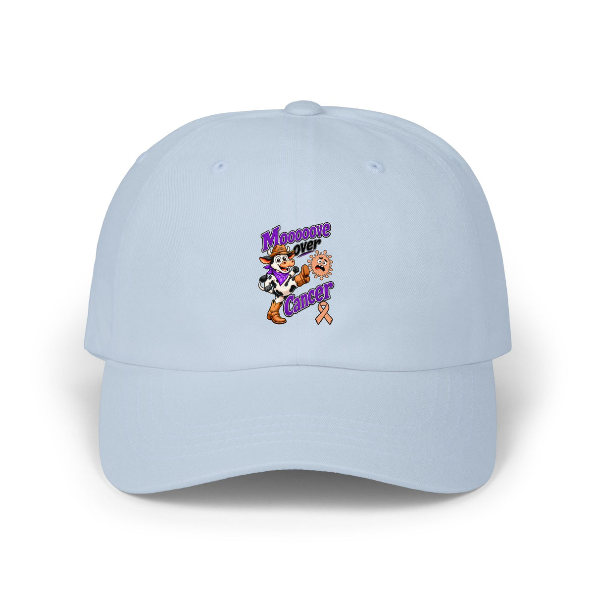 Moooove Over Cancer tan dad cap with Uterine Cancer awareness ribbon design