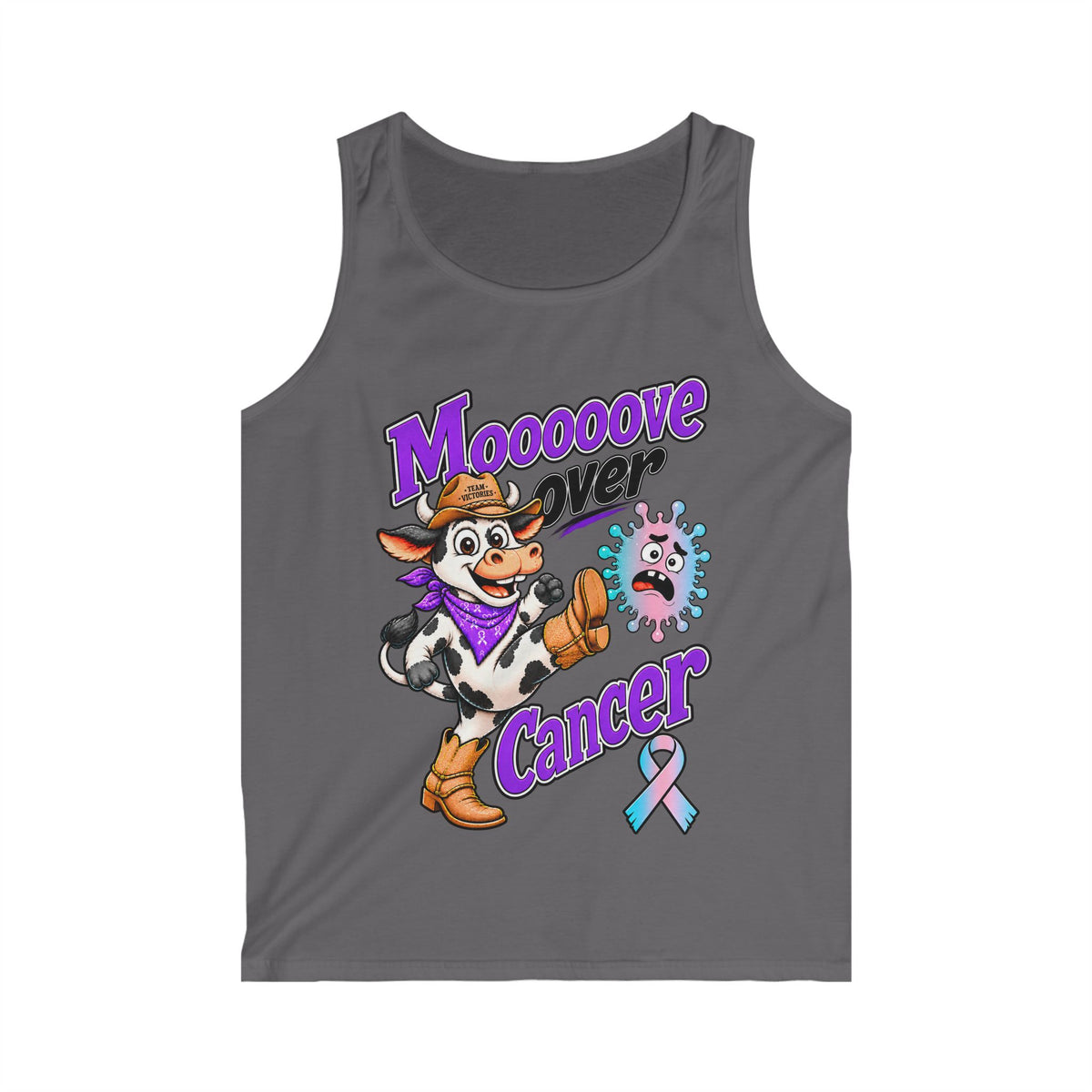 Moooove Over Cancer charcoal tank top with colorful Western cancer-awareness artwork