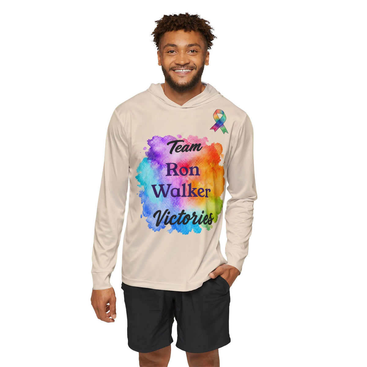 Model wearing a Peach Team Victories hoodie with colorful personalized front artwork