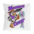Moooove Over Cancer outdoor pillow with cow, awareness ribbon, and colorful support design
