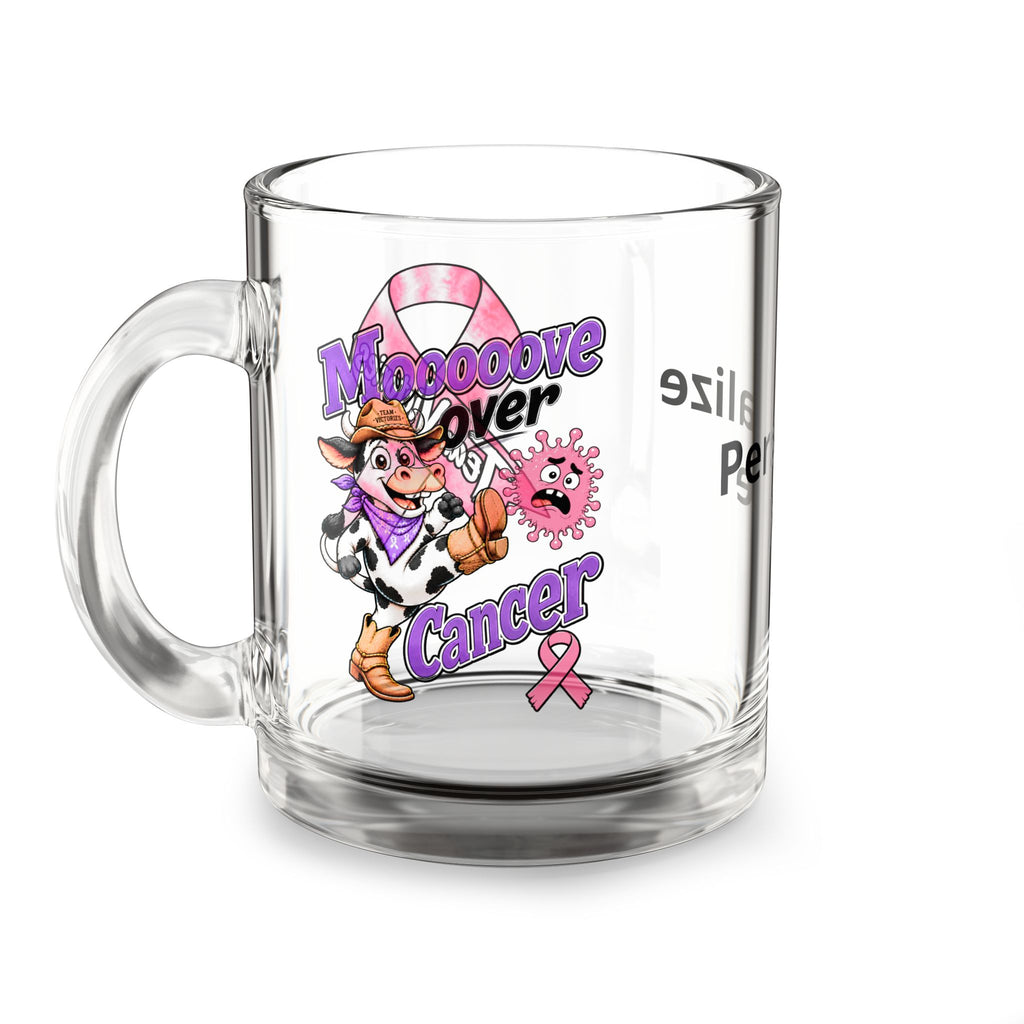 Moooove Over Cancer cow design and pink ribbon on a clear personalized glass mug
