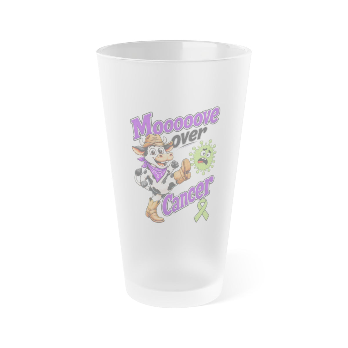 Moooove Over Cancer cow artwork and green ribbon on a frosted pint glass