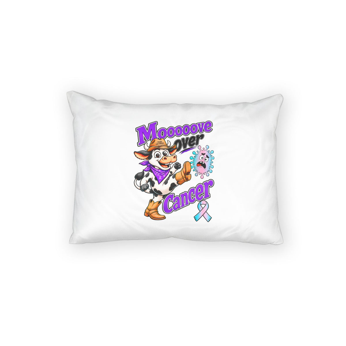 Moooove Over Cancer cotton pillow sham with cow design and Thyroid Cancer awareness ribbon