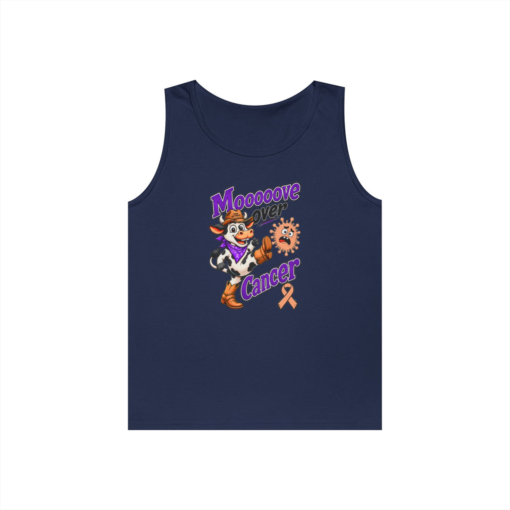 Navy Moooove Over Cancer tank top with cow artwork and Uterine Cancer awareness ribbon
