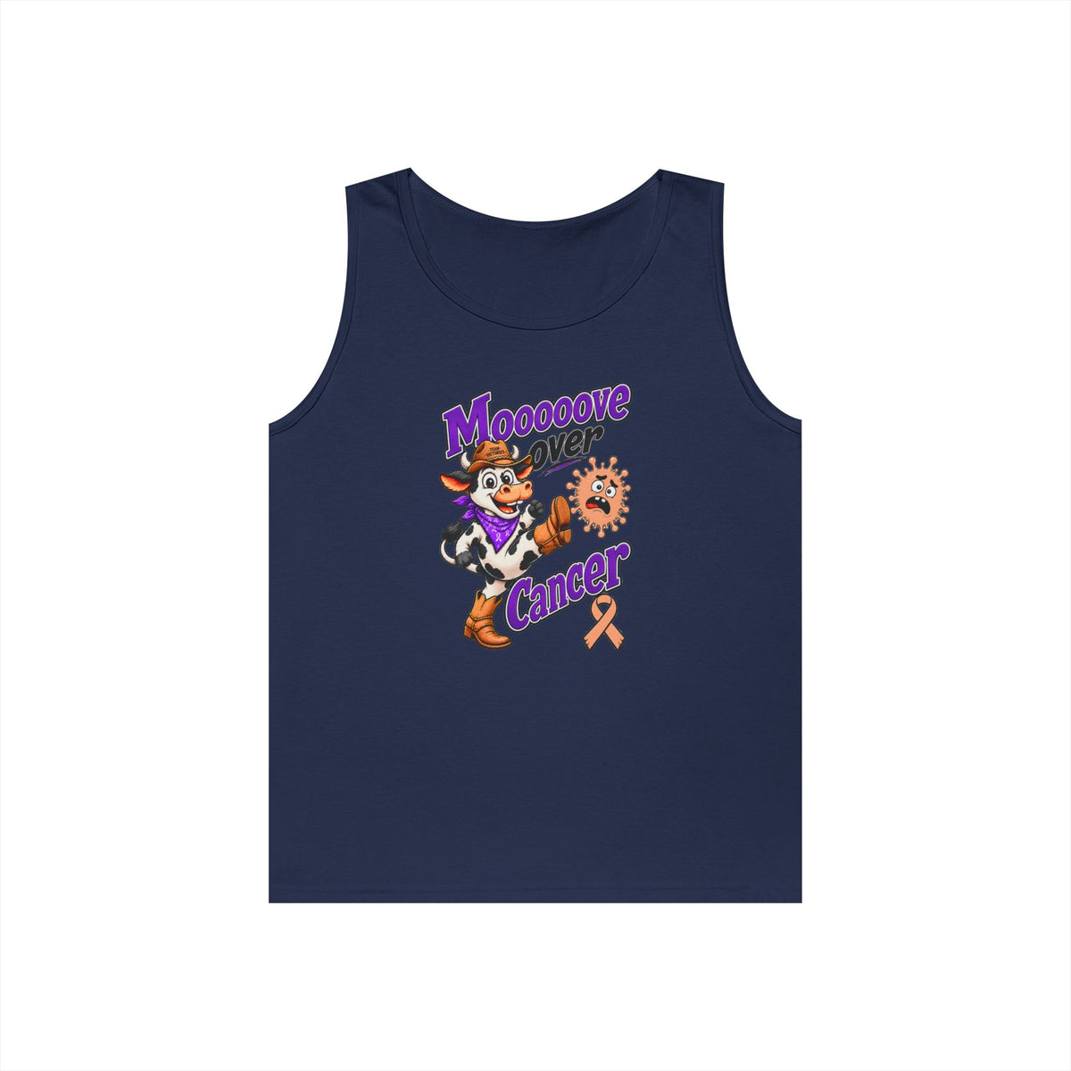 Navy Moooove Over Cancer tank top with cow artwork and Uterine Cancer awareness ribbon