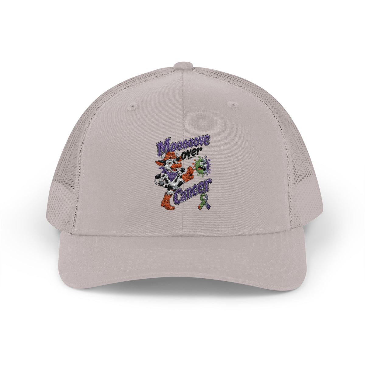 Red Moooove Over Cancer trucker hat featuring colorful all-cancer awareness ribbon embroidery