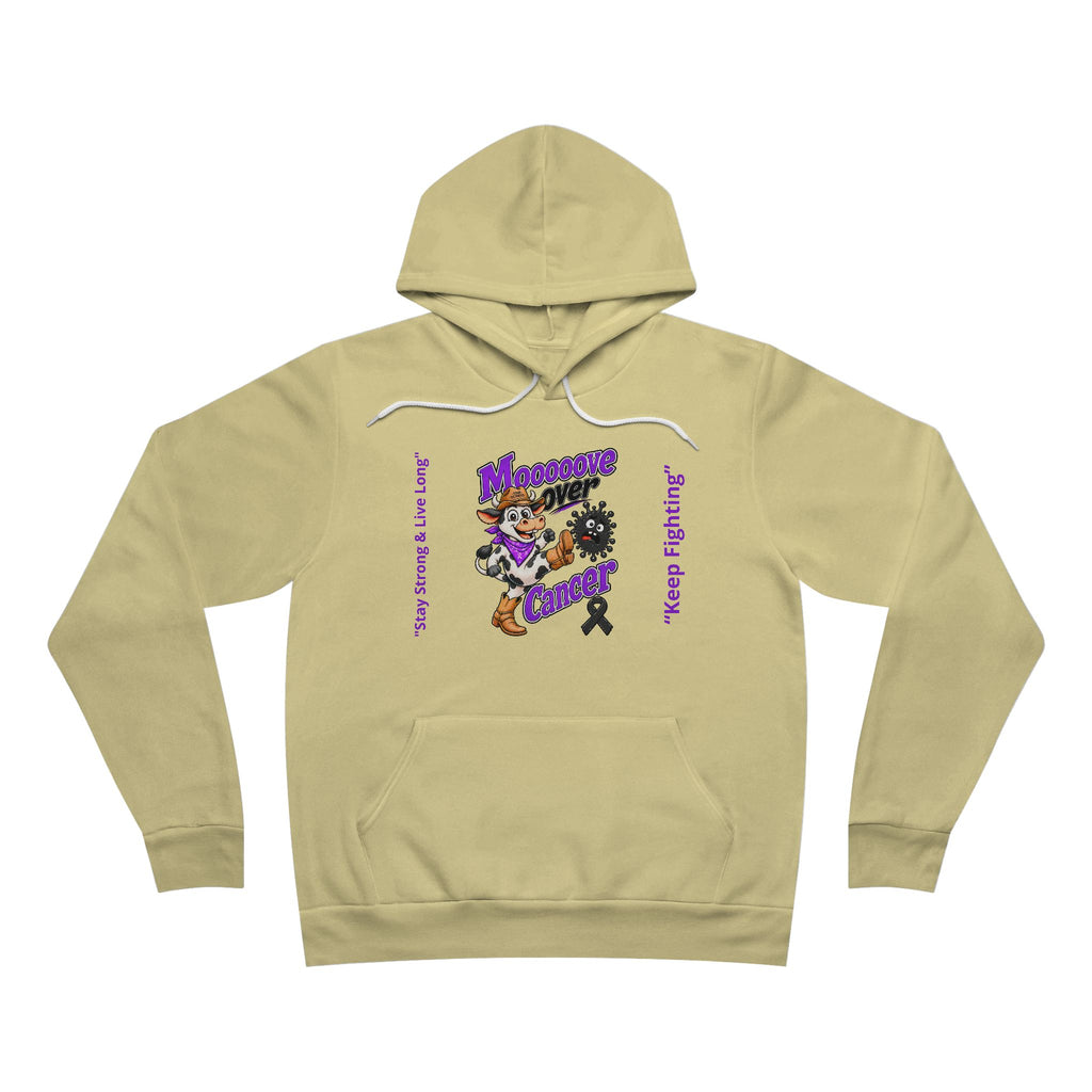 Moooove Over Cancer personalized pullover hoodie in pale yellow with colorful front design