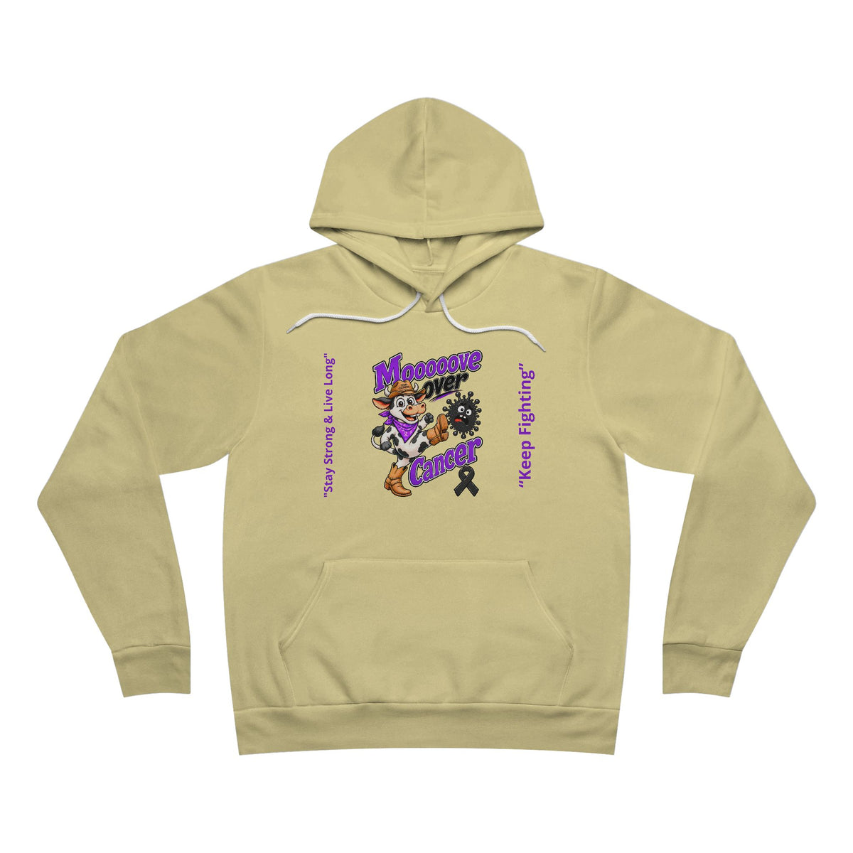 Moooove Over Cancer personalized pullover hoodie in pale yellow with colorful front design