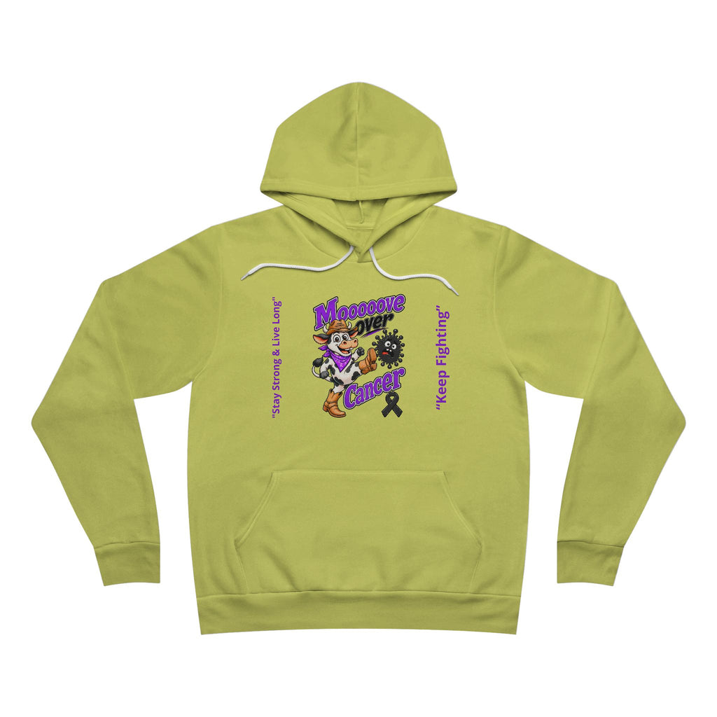 Moooove Over Cancer personalized pullover hoodie in lime green with purple lettering and black ribbon