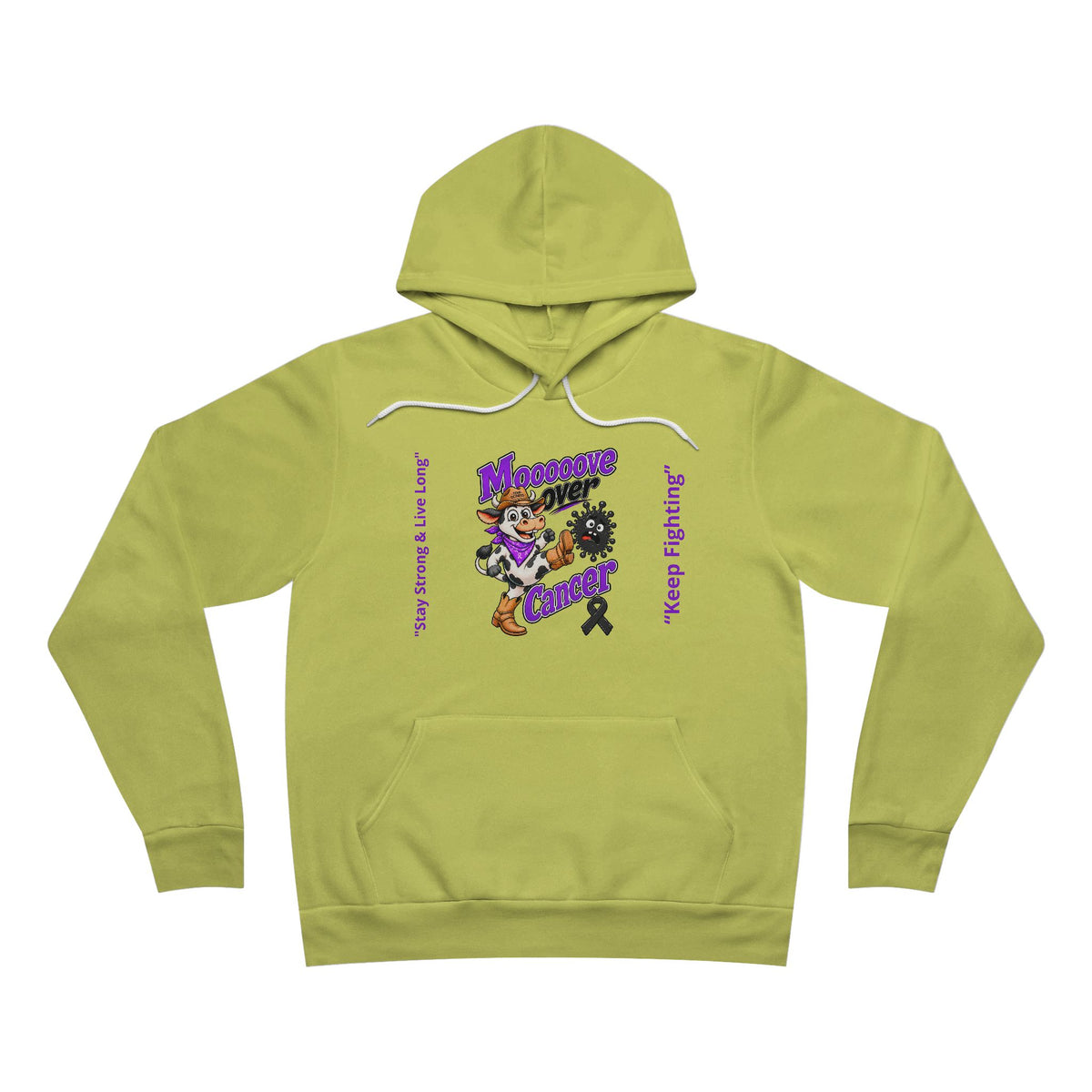 Moooove Over Cancer personalized pullover hoodie in lime green with purple lettering and black ribbon
