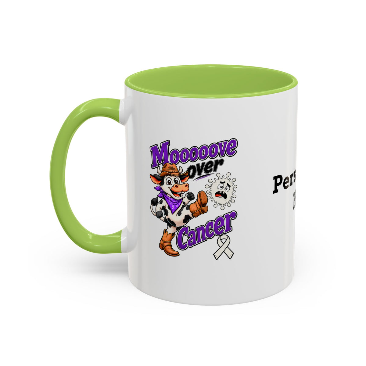 Moooove Over Cancer mug showing Team Victories ribbon artwork with green handle