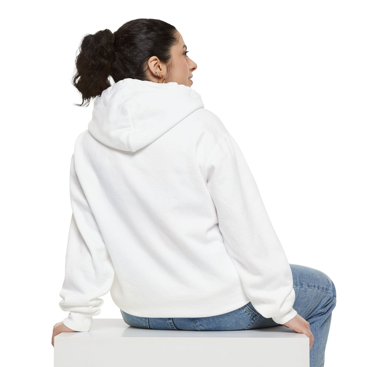 Back view of a model wearing the white Cancer graphic hoodie
