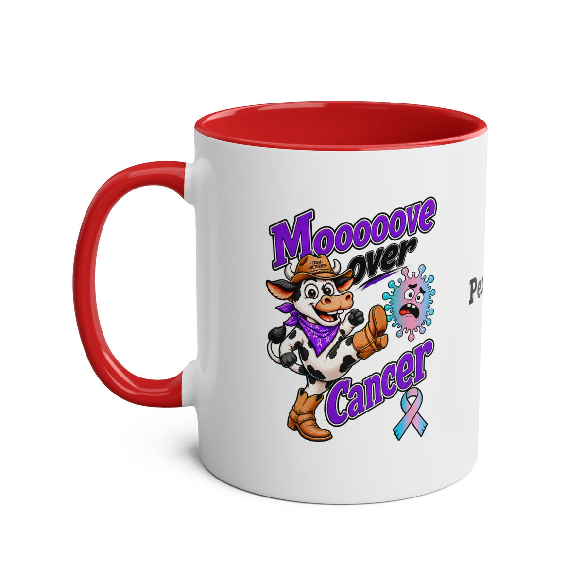Red Moooove Over Cancer two-tone mug with cow artwork and awareness ribbon