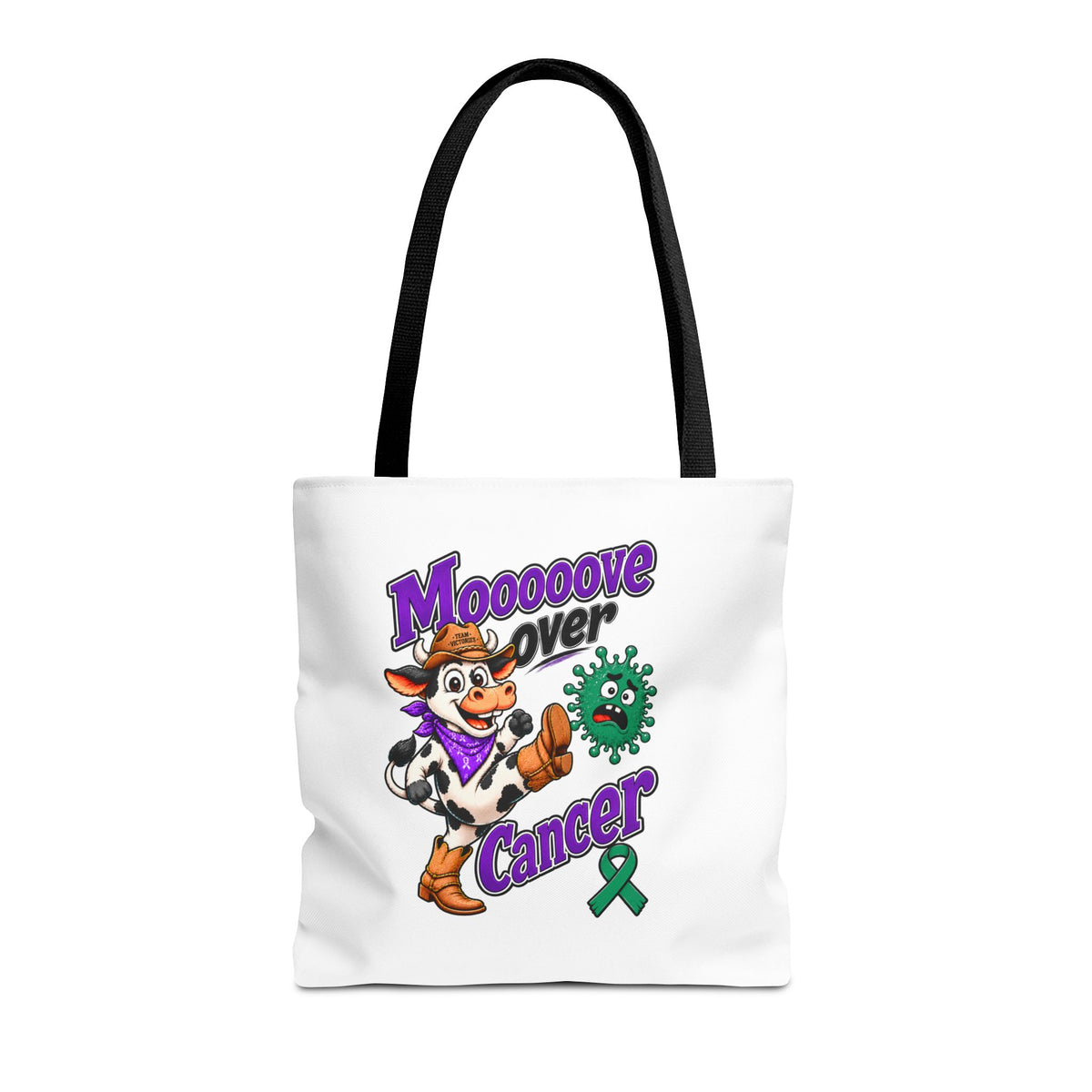 Team Victories tote bag featuring a green Liver Cancer awareness ribbon design