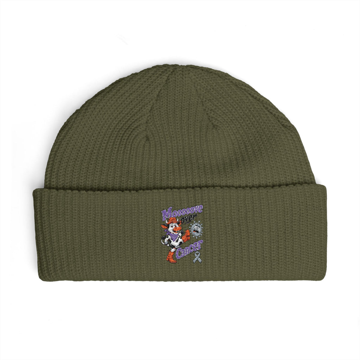 Moooove Over Cancer embroidered cuff beanie in olive green