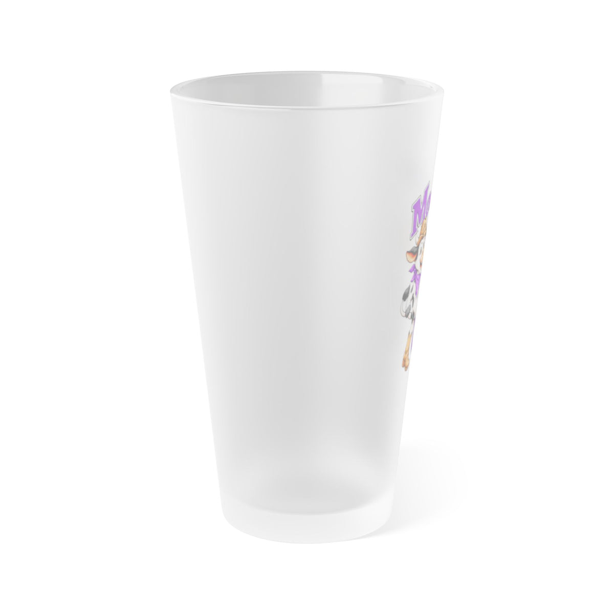 Side view of the Moooove Over Cancer frosted pint glass and printed design