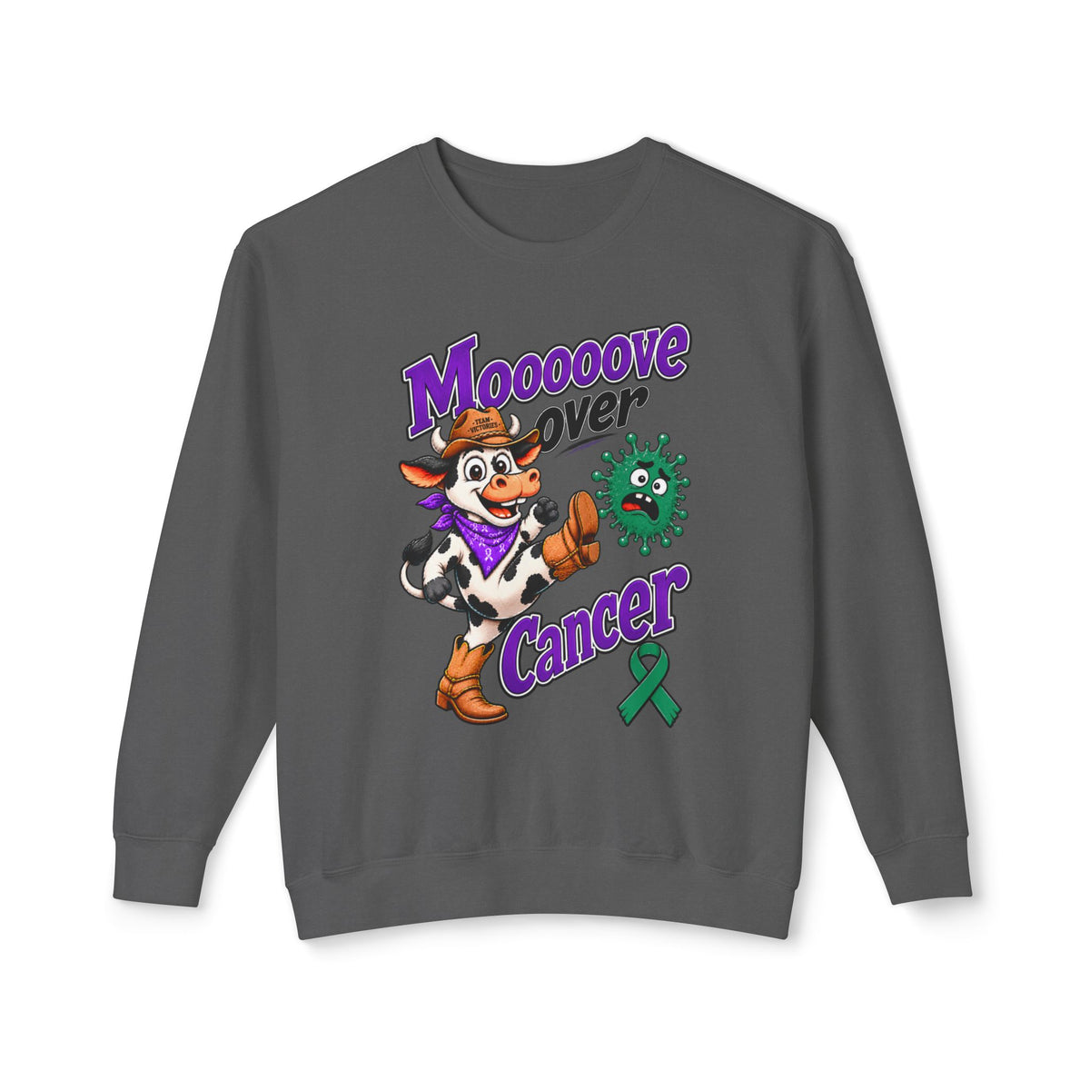 Moooove Over Cancer crewneck sweatshirt with colorful cow artwork on a black background