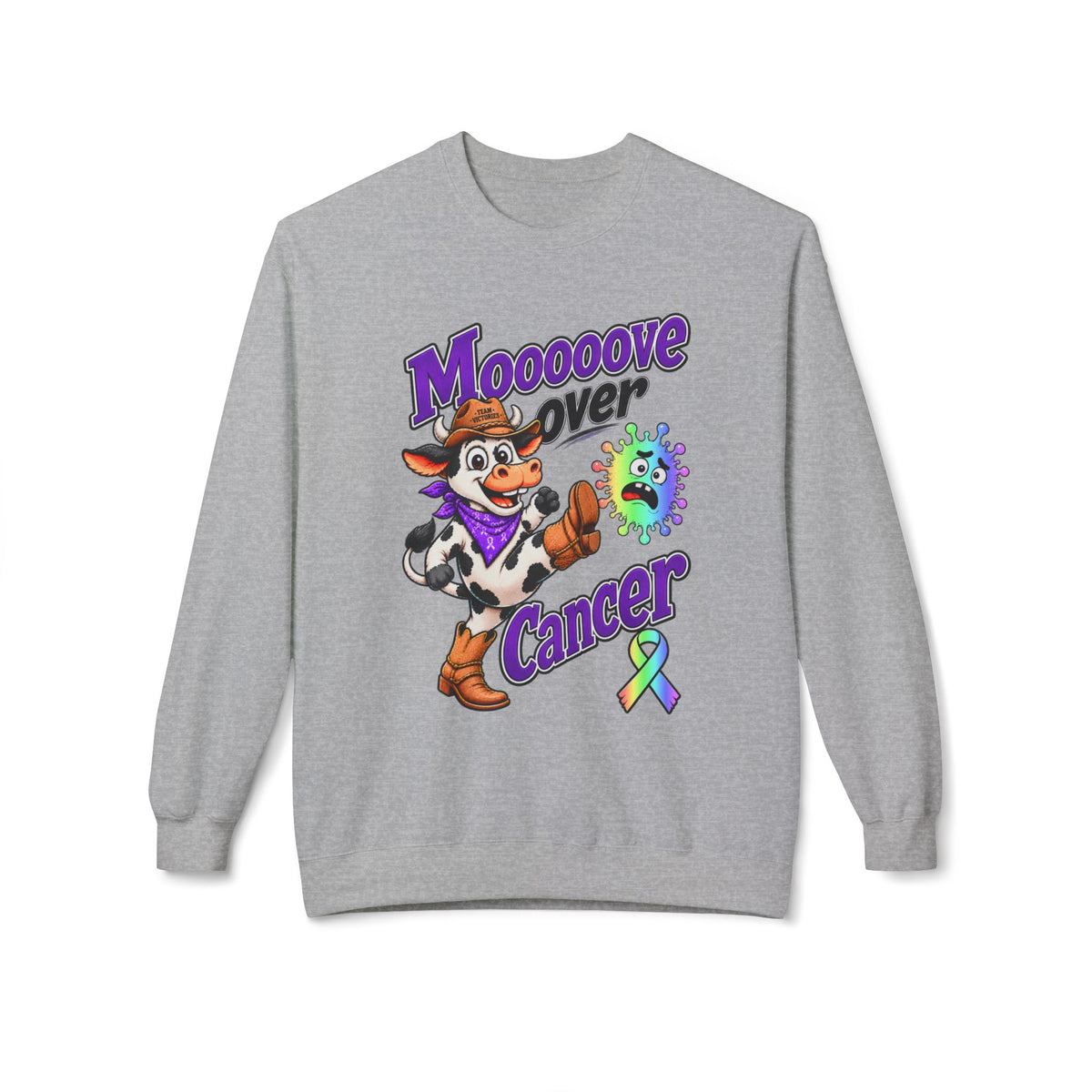 Back view of the Moooove Over Cancer crewneck sweatshirt