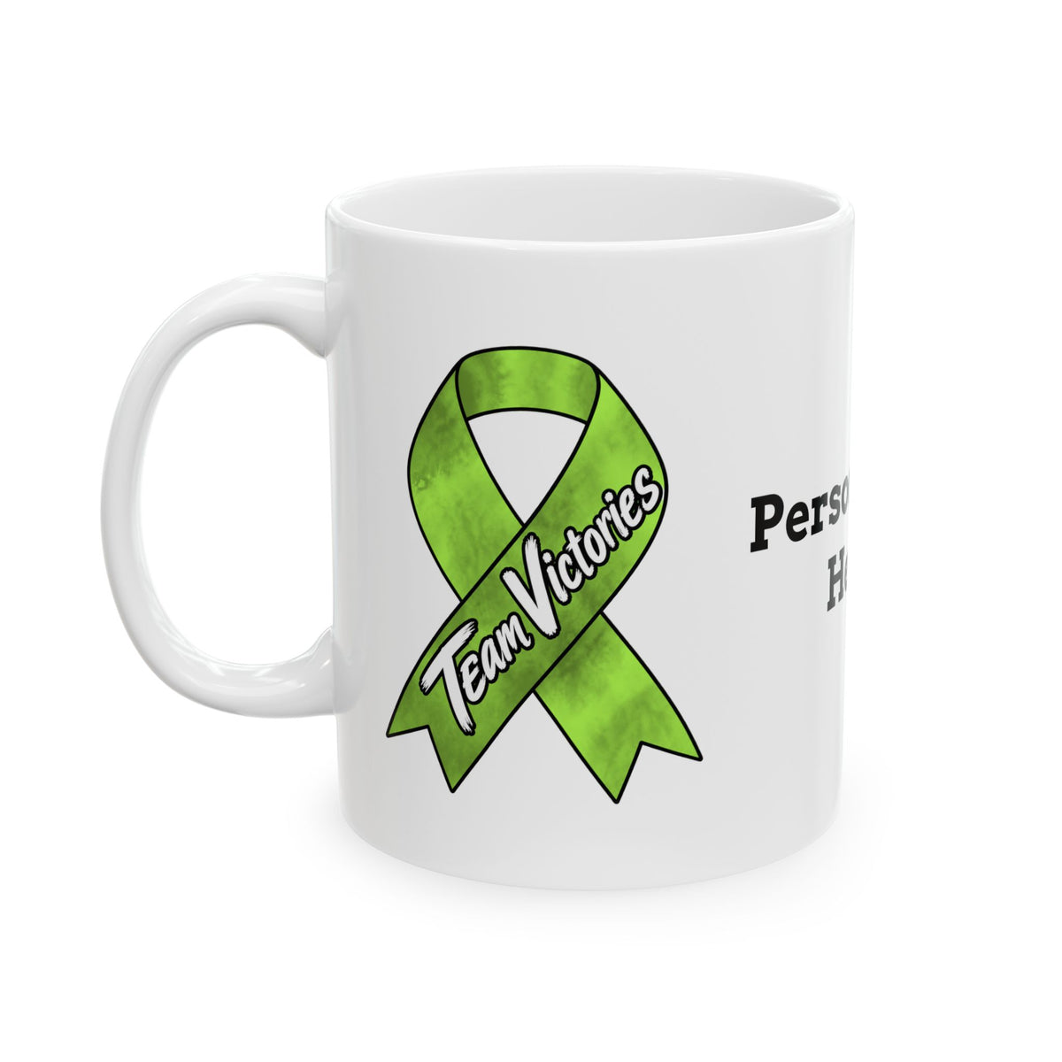 Team Victories ribbon design on the side of a Moooove Over Cancer ceramic mug