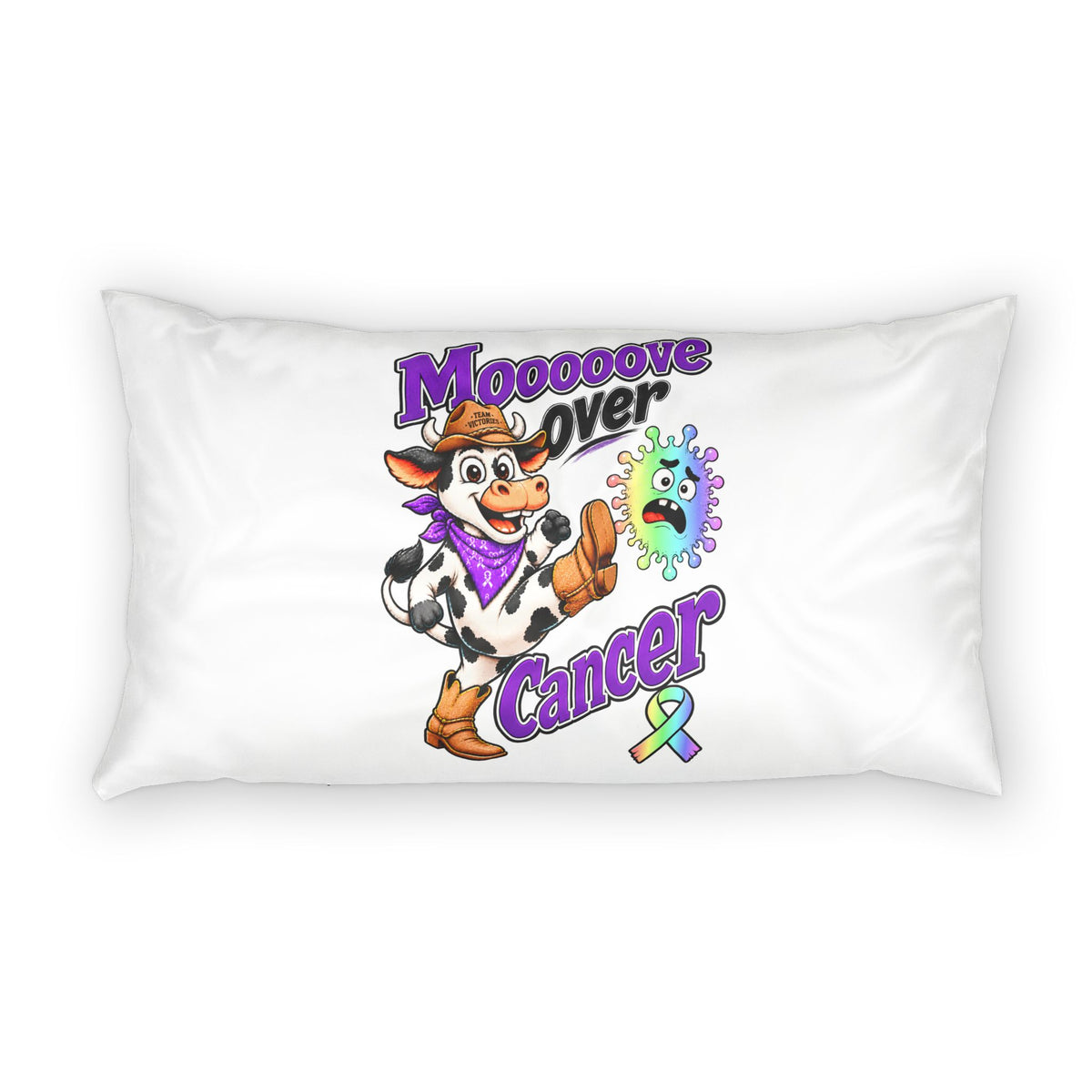 Moooove Over Cancer pillow sham featuring a cow, playful lettering, and all-cancer awareness ribbon