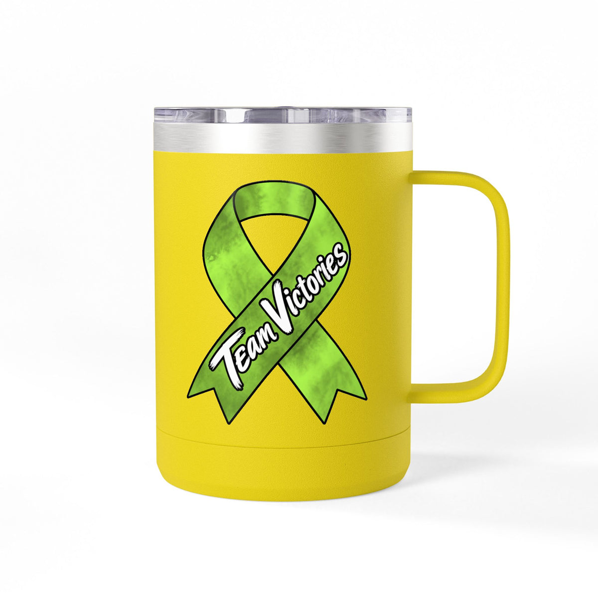 Yellow Team Victories mug with Non-Hodgkin/Lymphoma Cancer awareness ribbon
