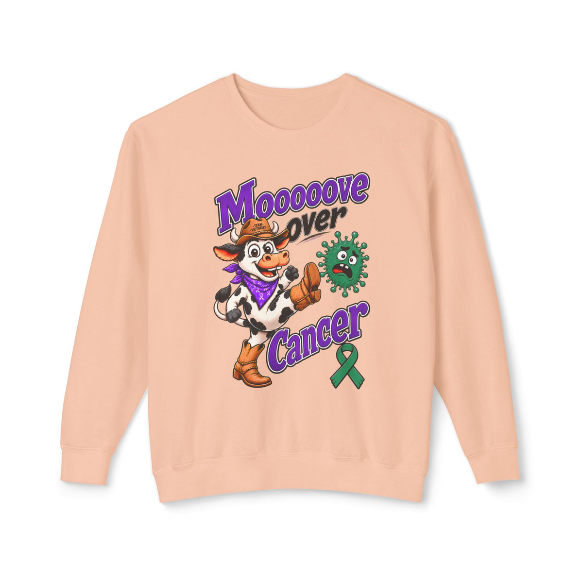 Moooove Over Cancer crewneck featuring a cow and Liver Cancer awareness ribbon on a peach sweatshirt
