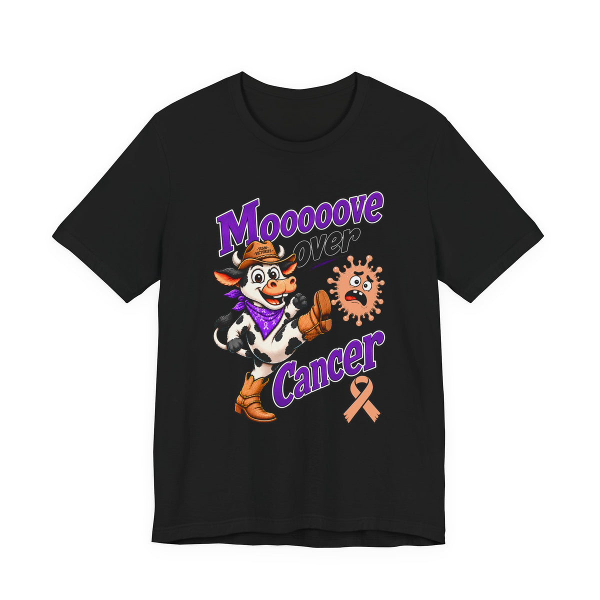 Black Moooove Over Cancer crew-neck tee with cow graphic and orange ribbon