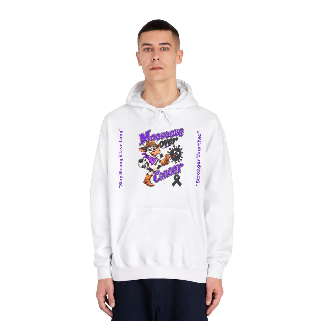 Model wearing white Moooove Over Cancer hoodie with front artwork