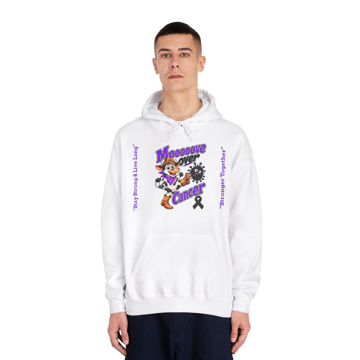Model wearing white Moooove Over Cancer hoodie with front artwork