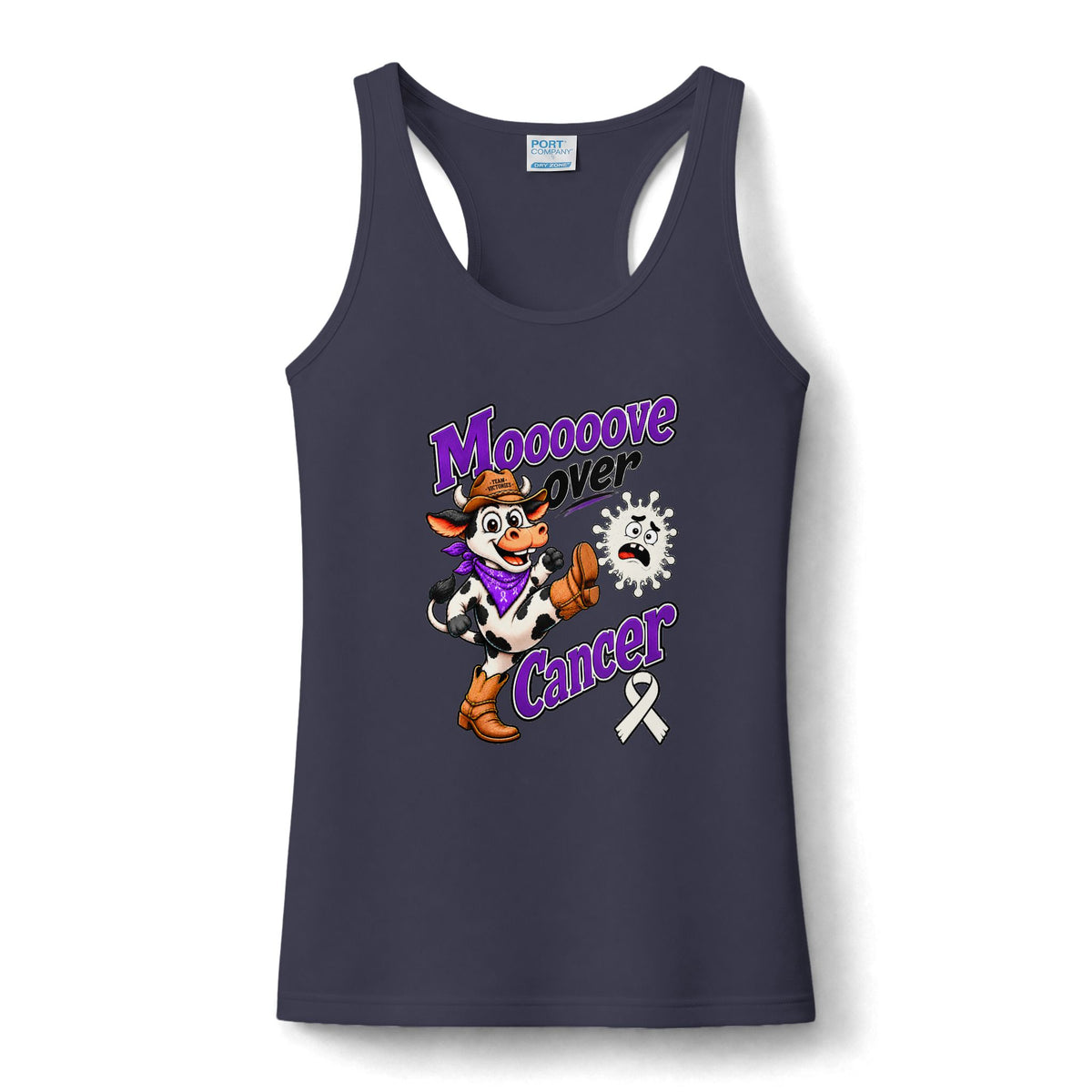 Navy Moooove Over Cancer women's performance tank top with a white Lung Cancer awareness ribbon