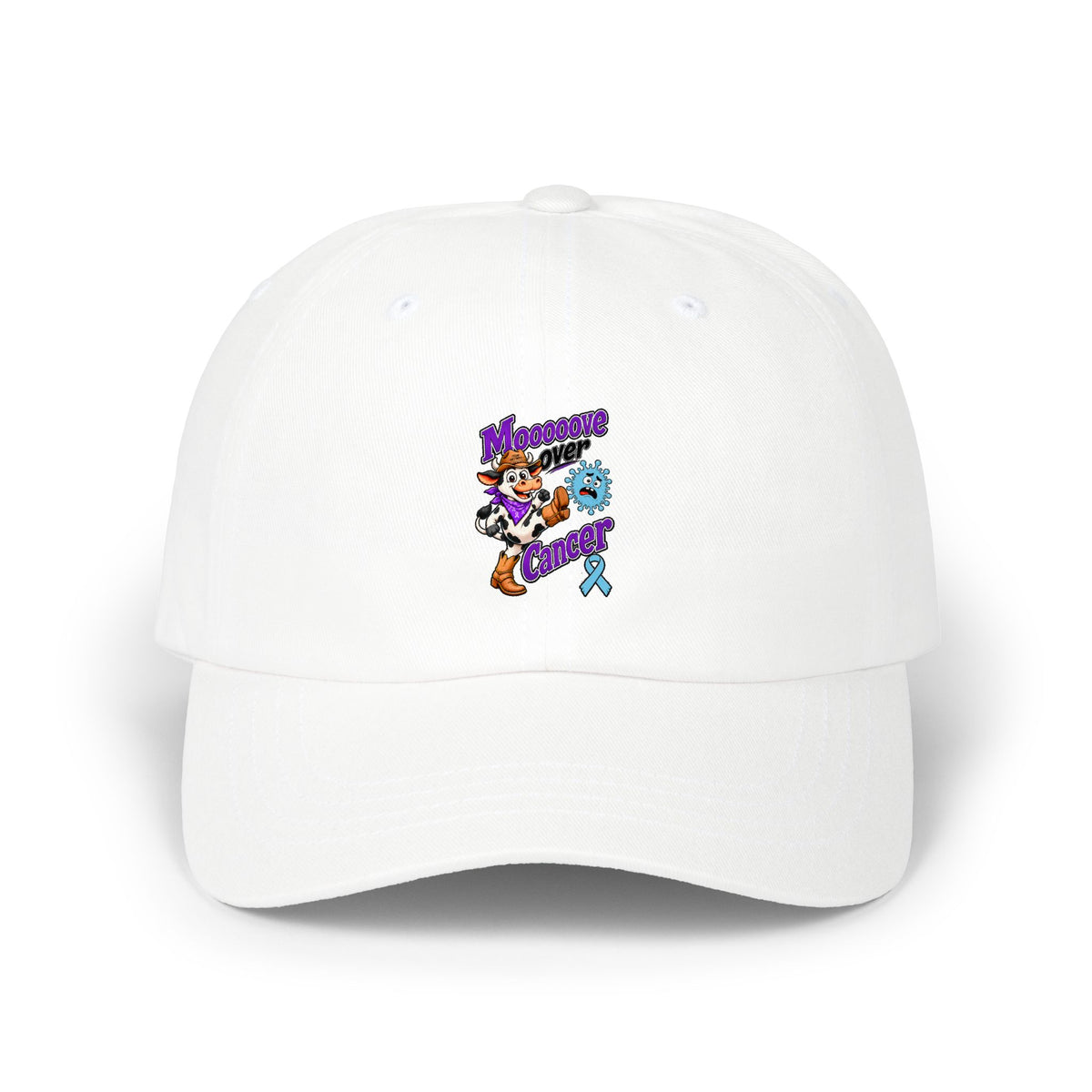 White Moooove Over Cancer dad cap with Prostate Cancer awareness ribbon artwork