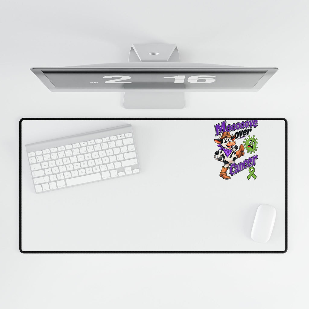 Top view of Moooove Over Cancer desk mat with keyboard and mouse