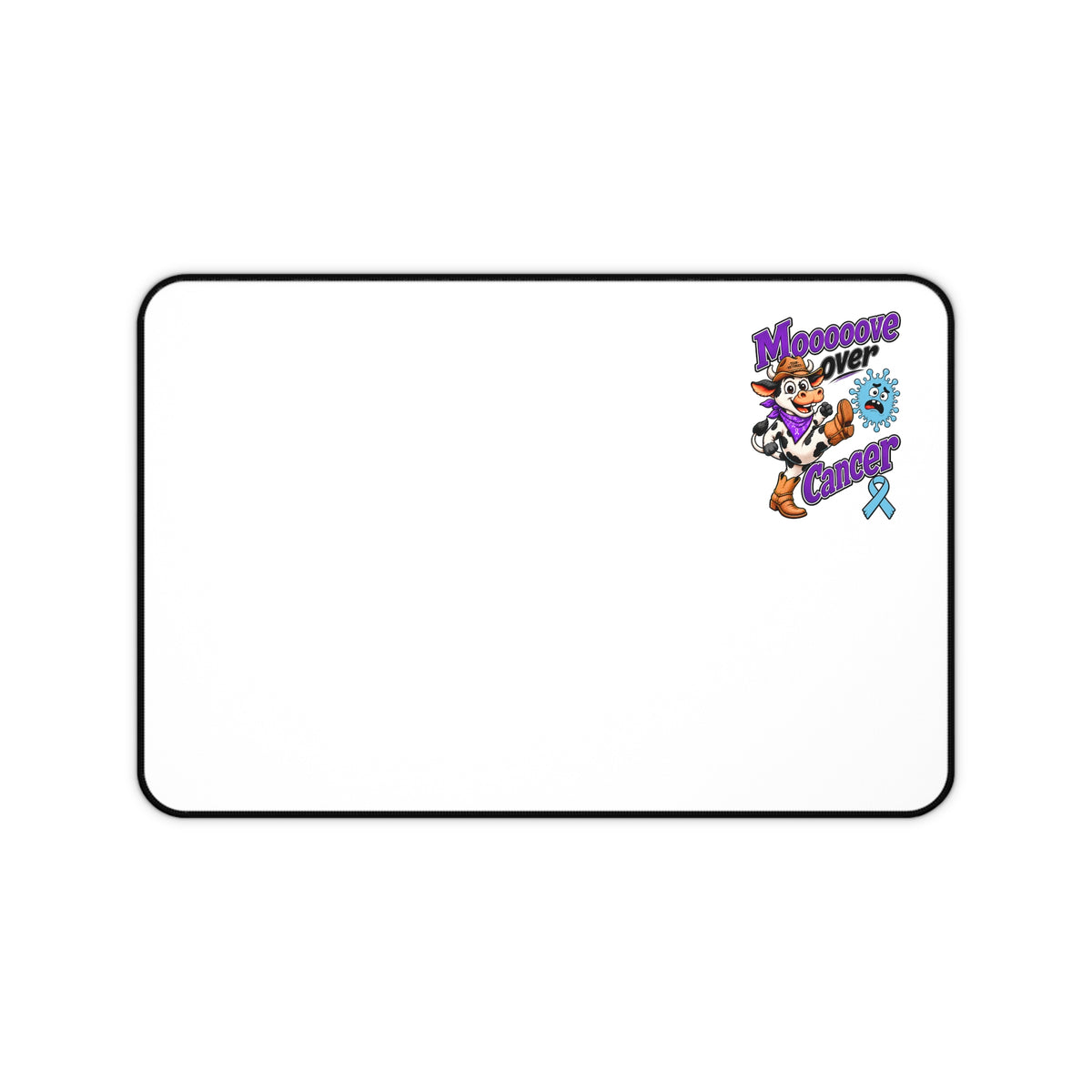 Moooove Over Cancer mouse pad with Prostate Cancer awareness ribbon design