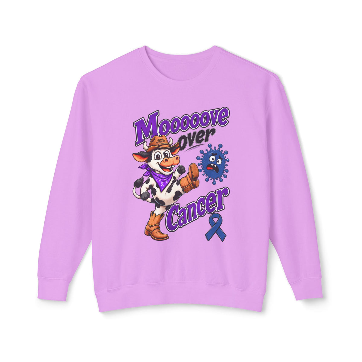 Moooove Over Cancer crewneck with cow artwork and Colon Cancer awareness ribbon in red
