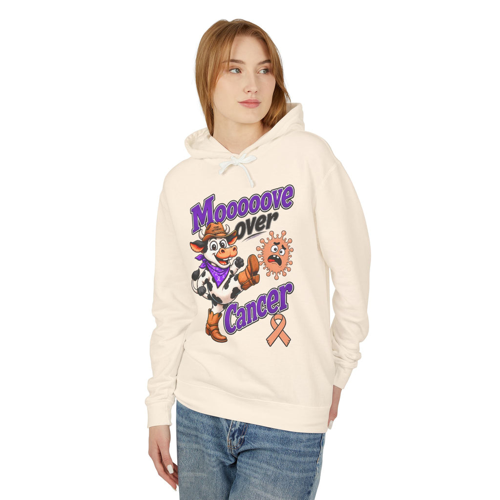 Woman wearing a cream Moooove Over Cancer hoodie with peach Uterine Cancer awareness ribbon