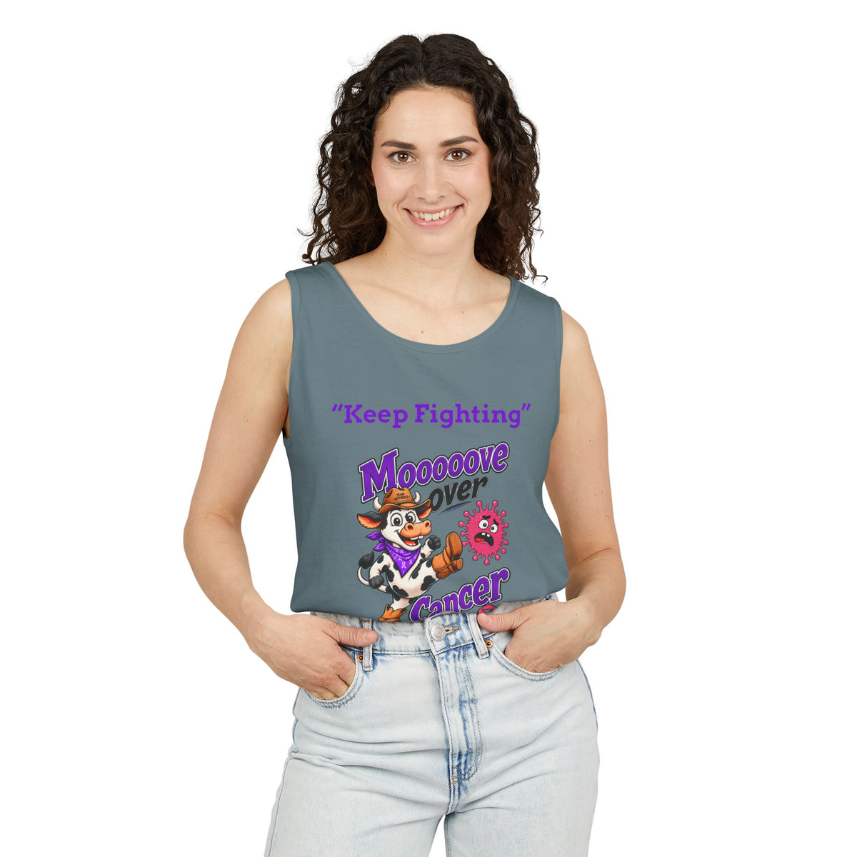 Man modeling black Moooove Over Cancer tank top with Breast Cancer awareness design