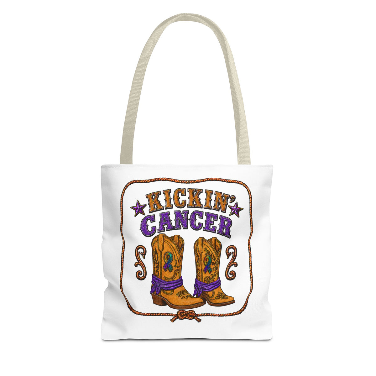 Kickin' Cancer tote bag with cowboy boot design and cream handles