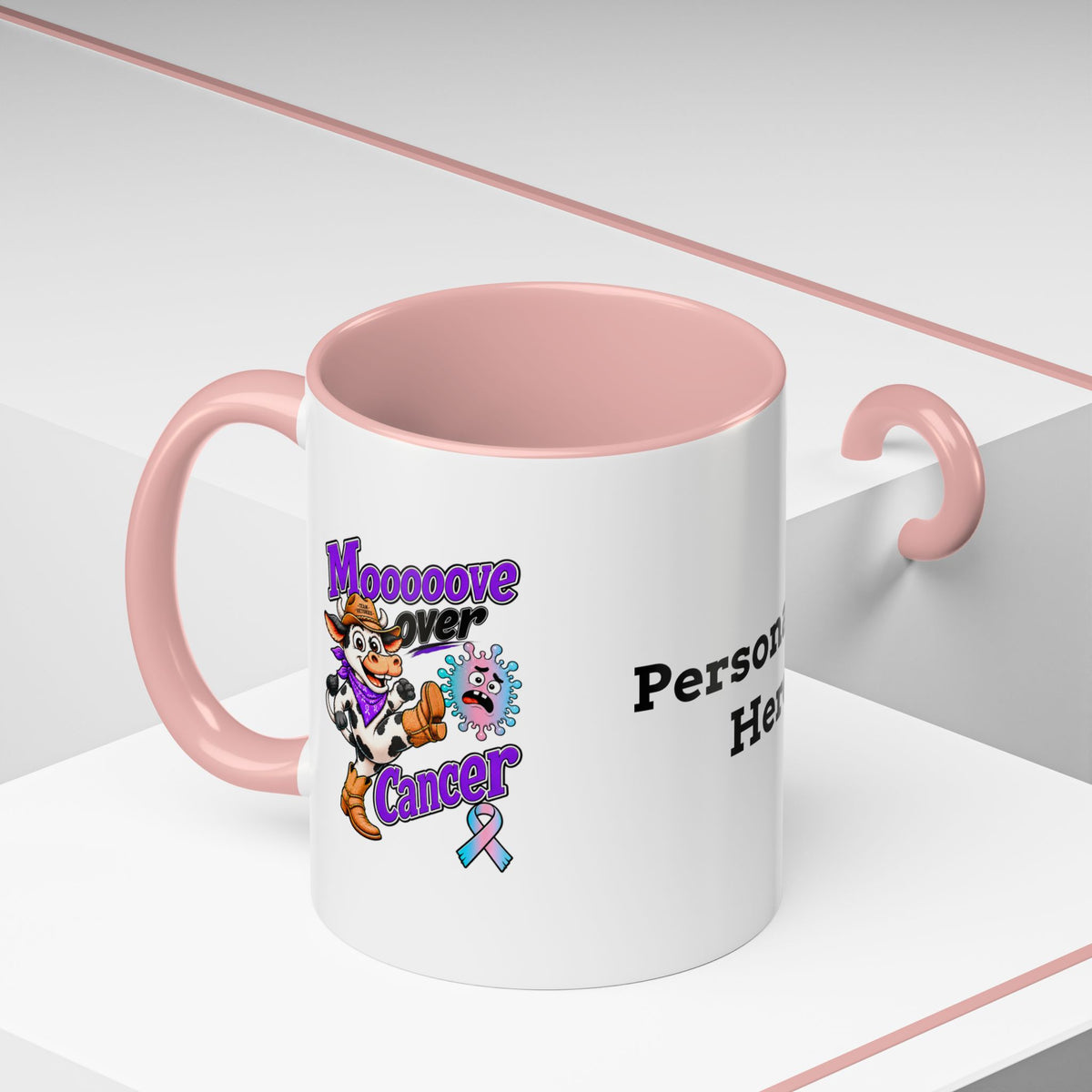 Moooove Over Cancer mug with Thyroid Cancer awareness ribbon and red accent handle