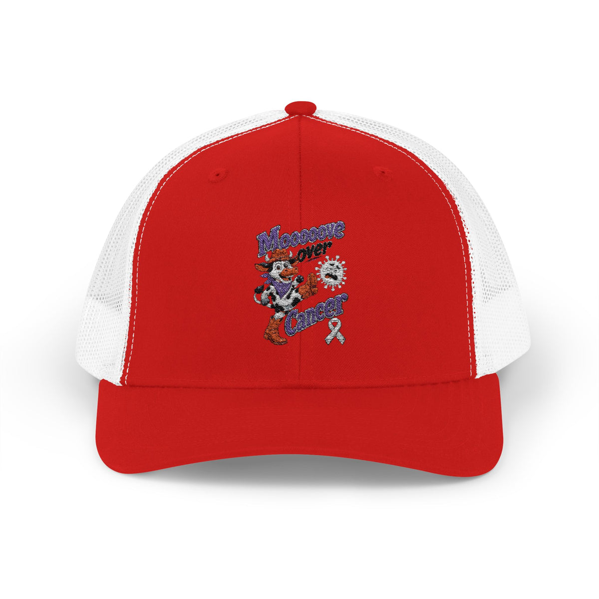 Moooove Over Cancer trucker hat showing the white mesh back and adjustable snapback