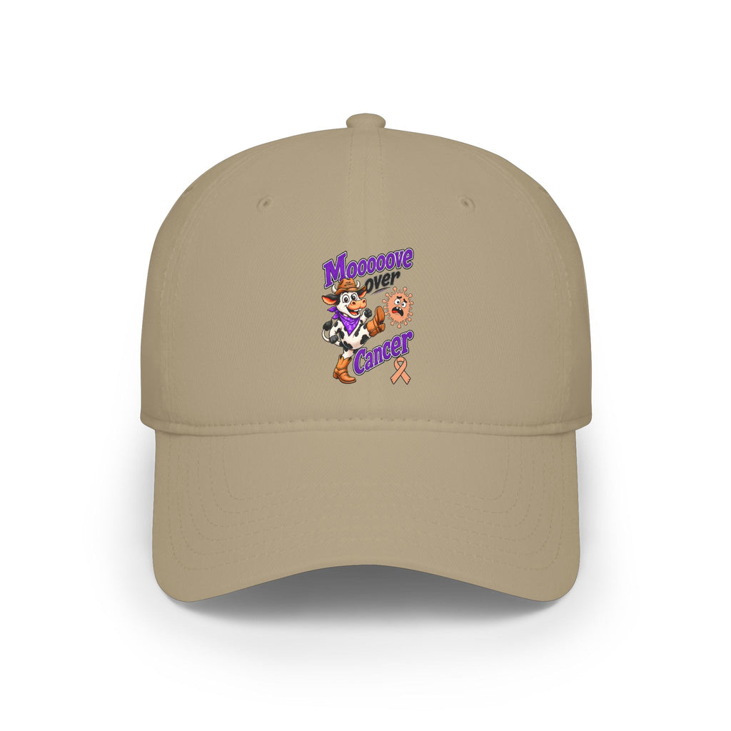 Khaki Moooove Over Cancer low-profile baseball hat with colorful artwork