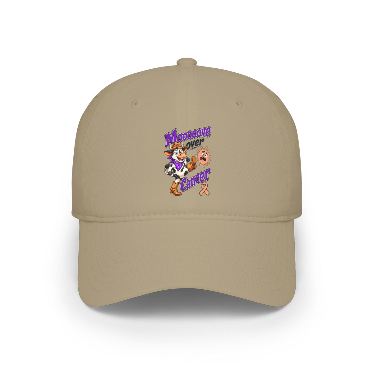 Khaki Moooove Over Cancer low-profile baseball hat with colorful artwork