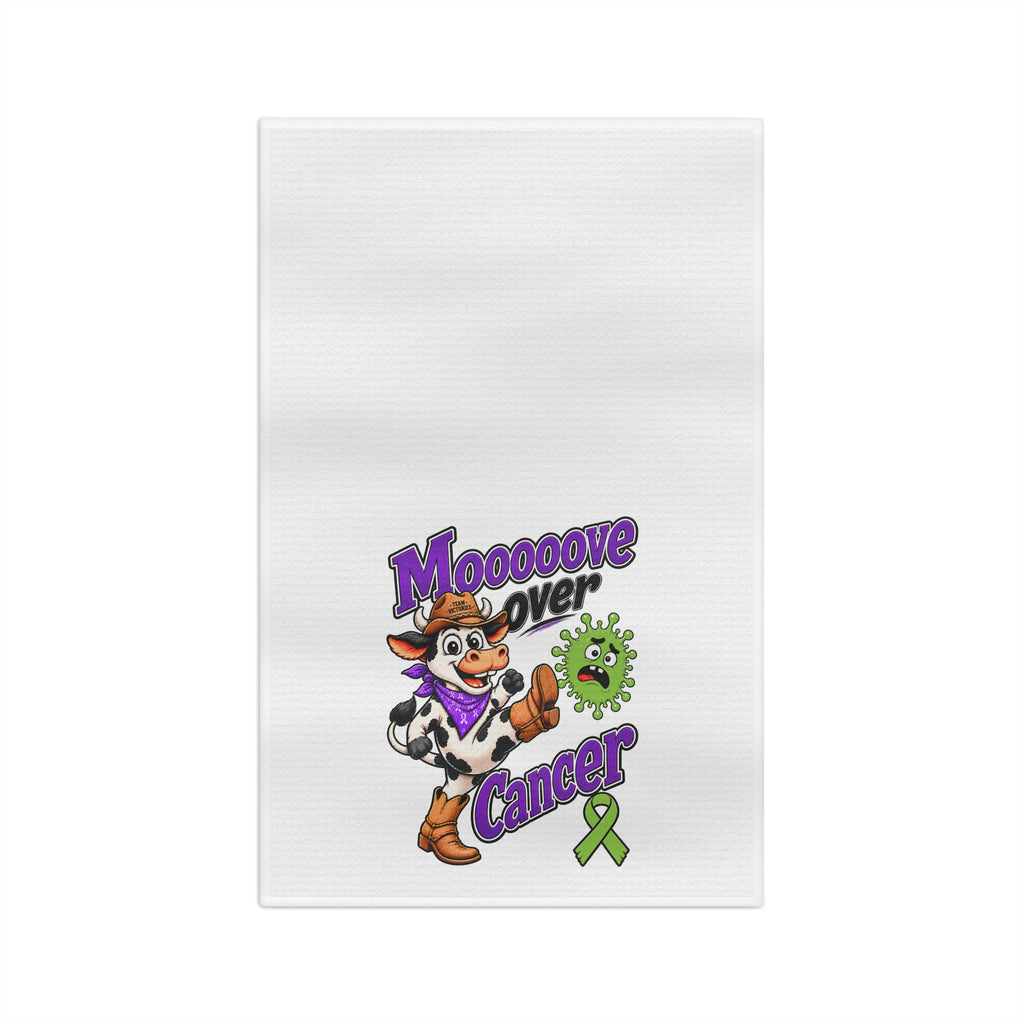 Moooove Over Cancer microfiber tea towel with colorful cow, purple lettering, and green ribbon