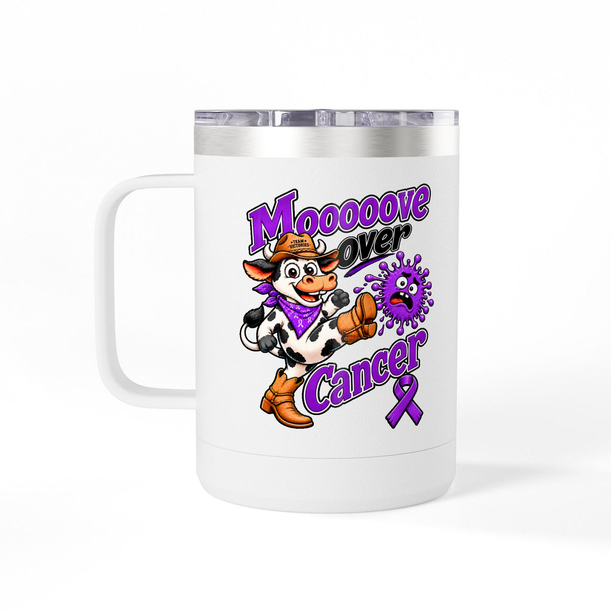 Moooove Over Cancer 15 oz mug with purple Pancreatic Cancer awareness ribbon on white