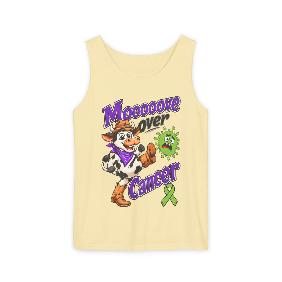 Moooove Over Cancer tank top with cow artwork on yellow fabric