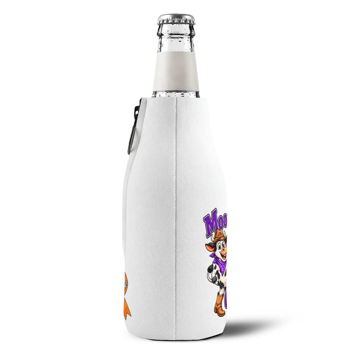 Side view of Moooove Over Cancer bottle cooler sleeve with colorful printed design