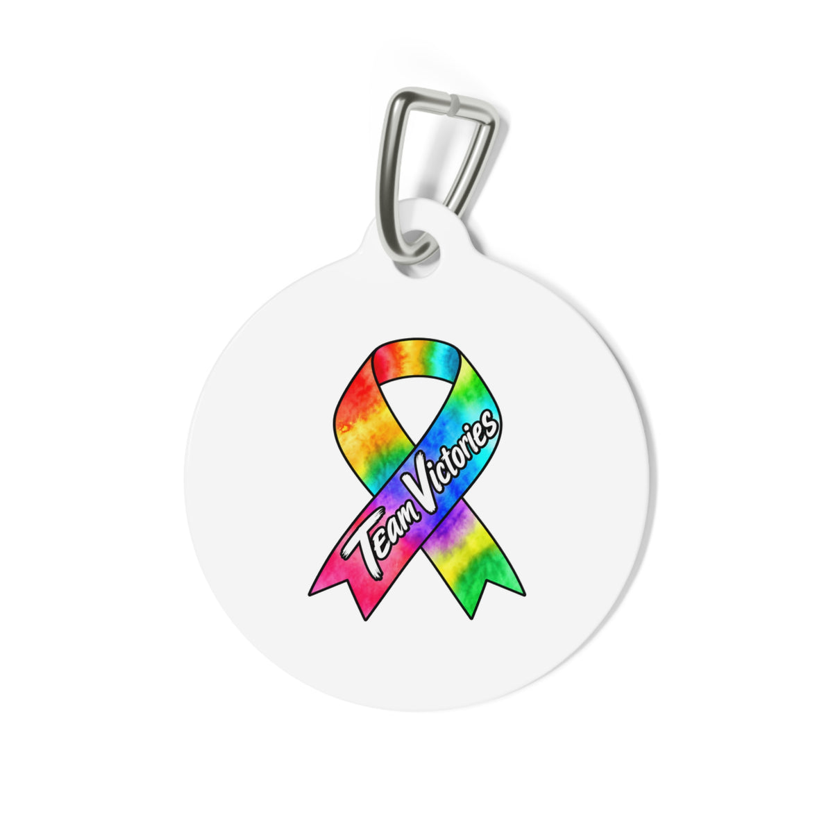 Team Victories all-cancer awareness ribbon design on the reverse side of a round pet ID tag