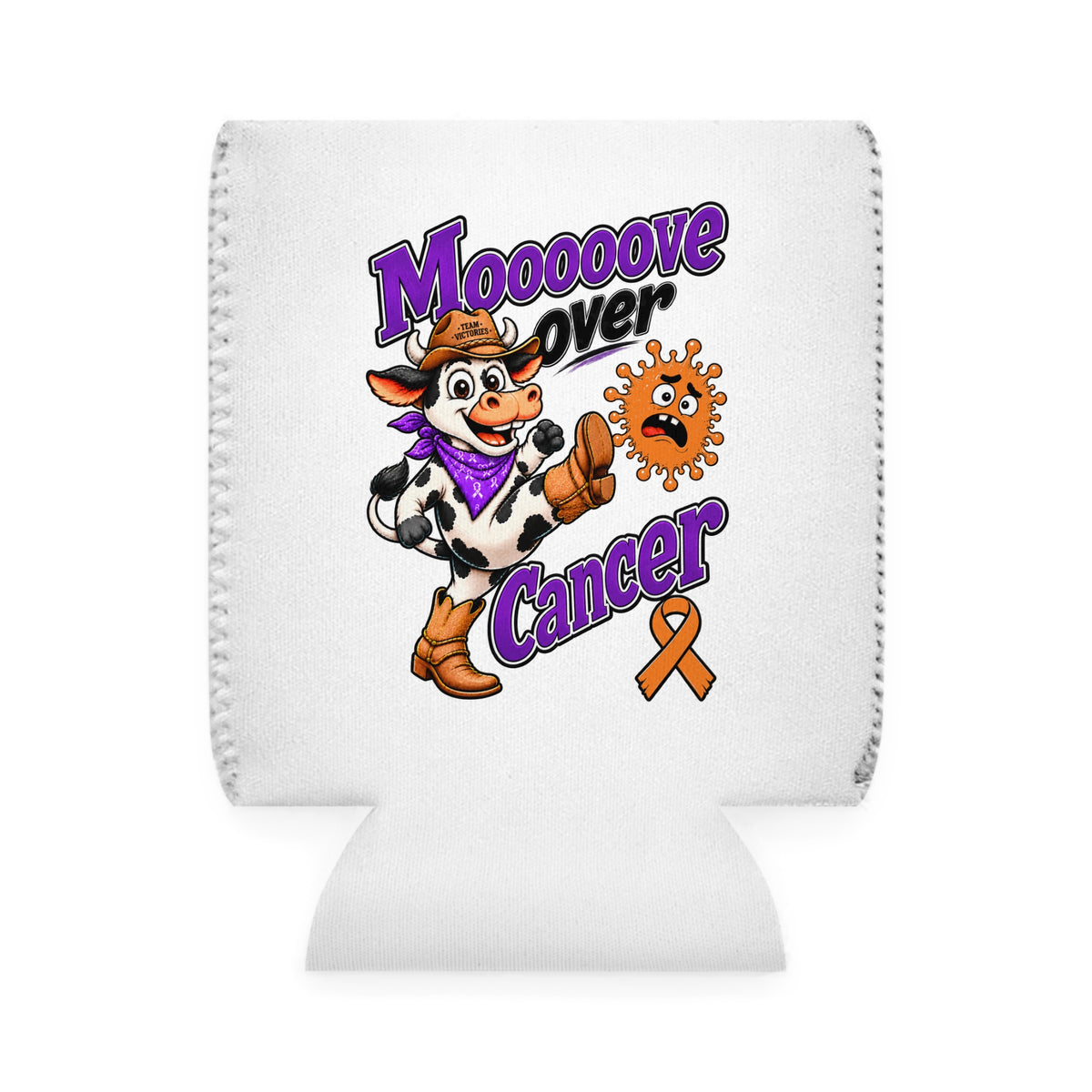 Moooove Over Cancer can cooler with cow artwork and Leukemia/Kidney Cancer awareness ribbon