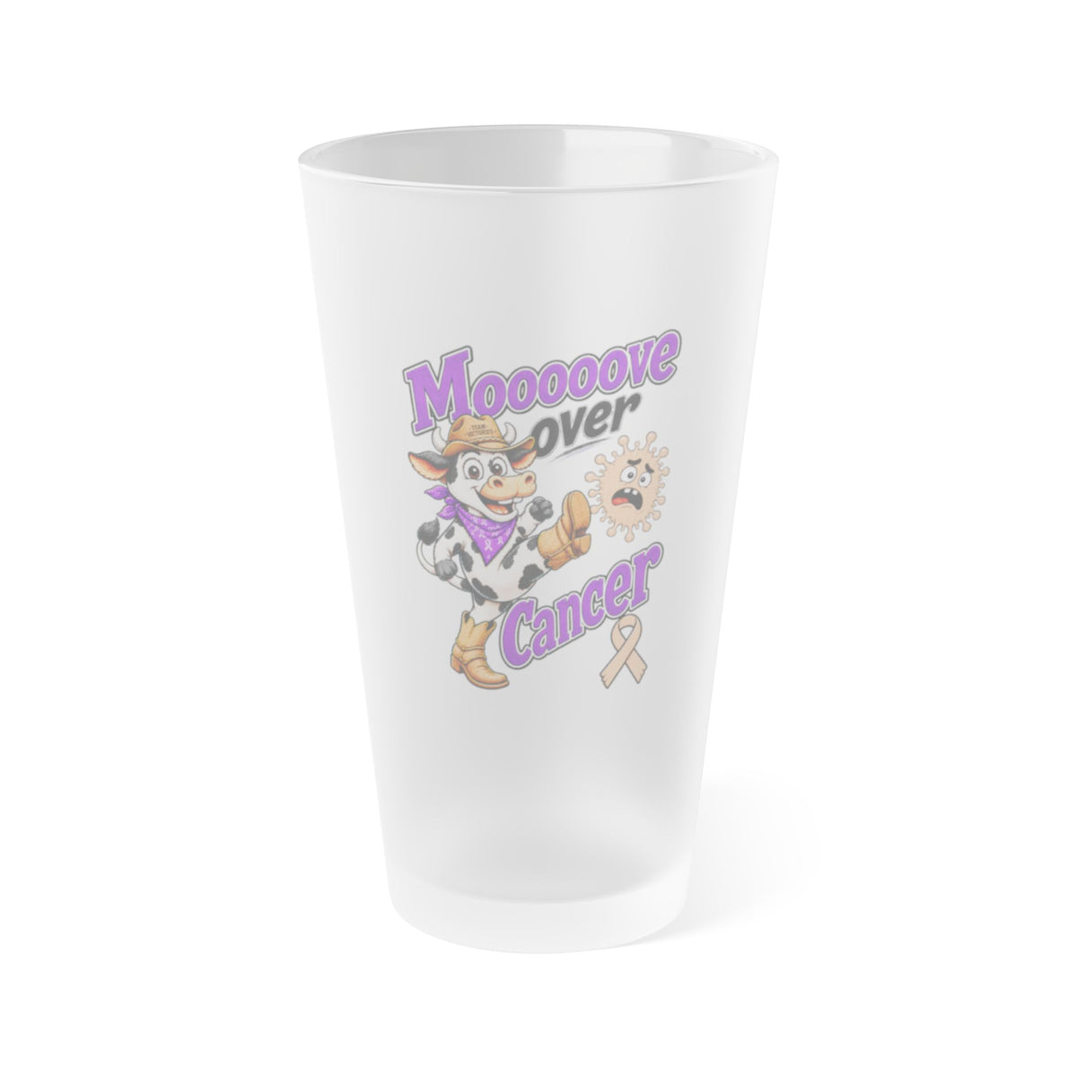 Moooove Over Cancer cow artwork and purple ribbon on a frosted 16 oz pint glass